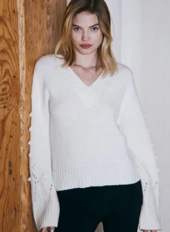 Chunky Pointelle Sweater W/ Popcorn Stitch Sleeves