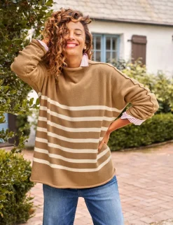 Monterey Rolled Funnel Neck Sweater - Camel Stripe